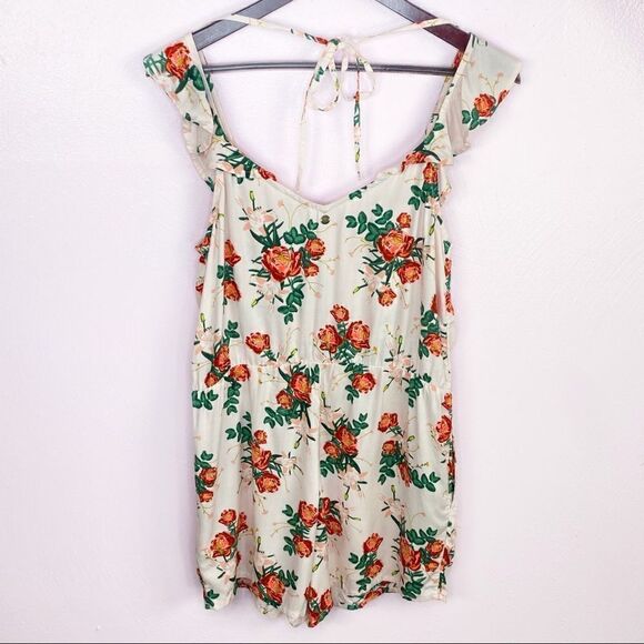 Roxy Cloud Floral Ruffle Open Back Romper Peach Pink Medium Sleeveless - Picture 12 of 15